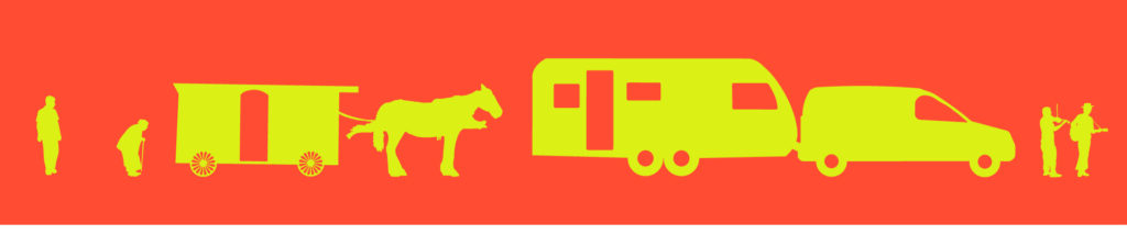 Illustration du roman Partir ? de Julia aux éditions Le Calicot avec personnages (Jaime, Yaya, musiciens) et transports des Roms au fil du temps, de la roulotte à la caravane.